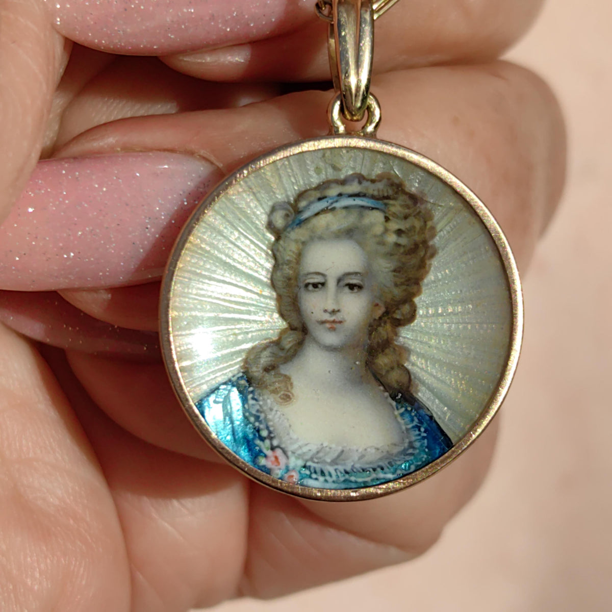 1920s 18k Gold Fire Enamel Portrait Pendant: Aristocratic Woman Miniature