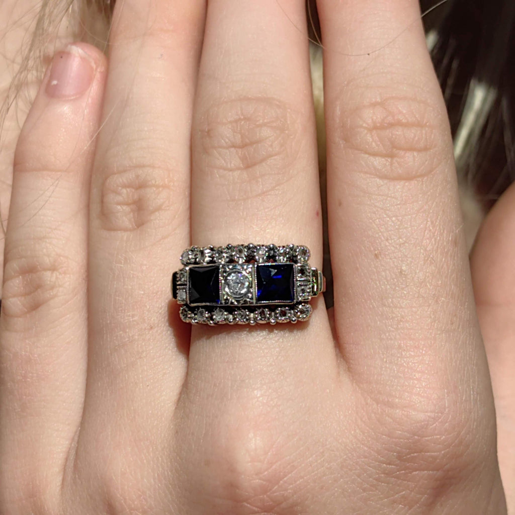 Art Deco 18k Gold Ring: Lab Sapphire & Diamond Chevalier Ring