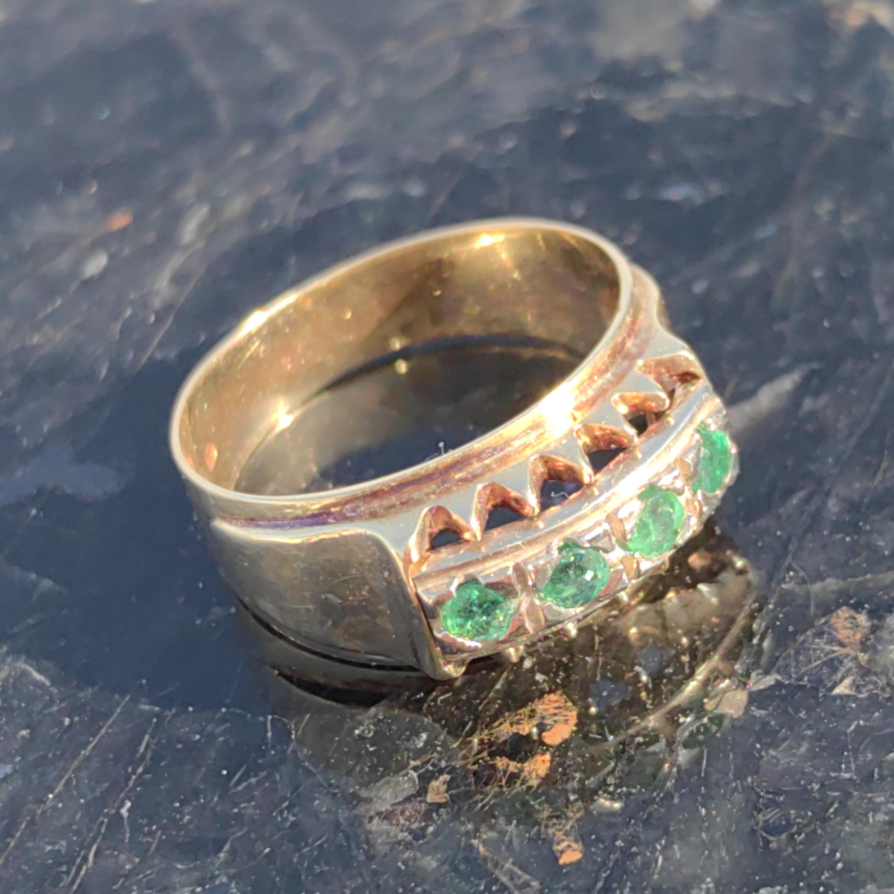 Original Mid century Antique Vintage Genuine Emerald Solid Yellow Gold and Silver Setting Elegant Stackable Band Ring