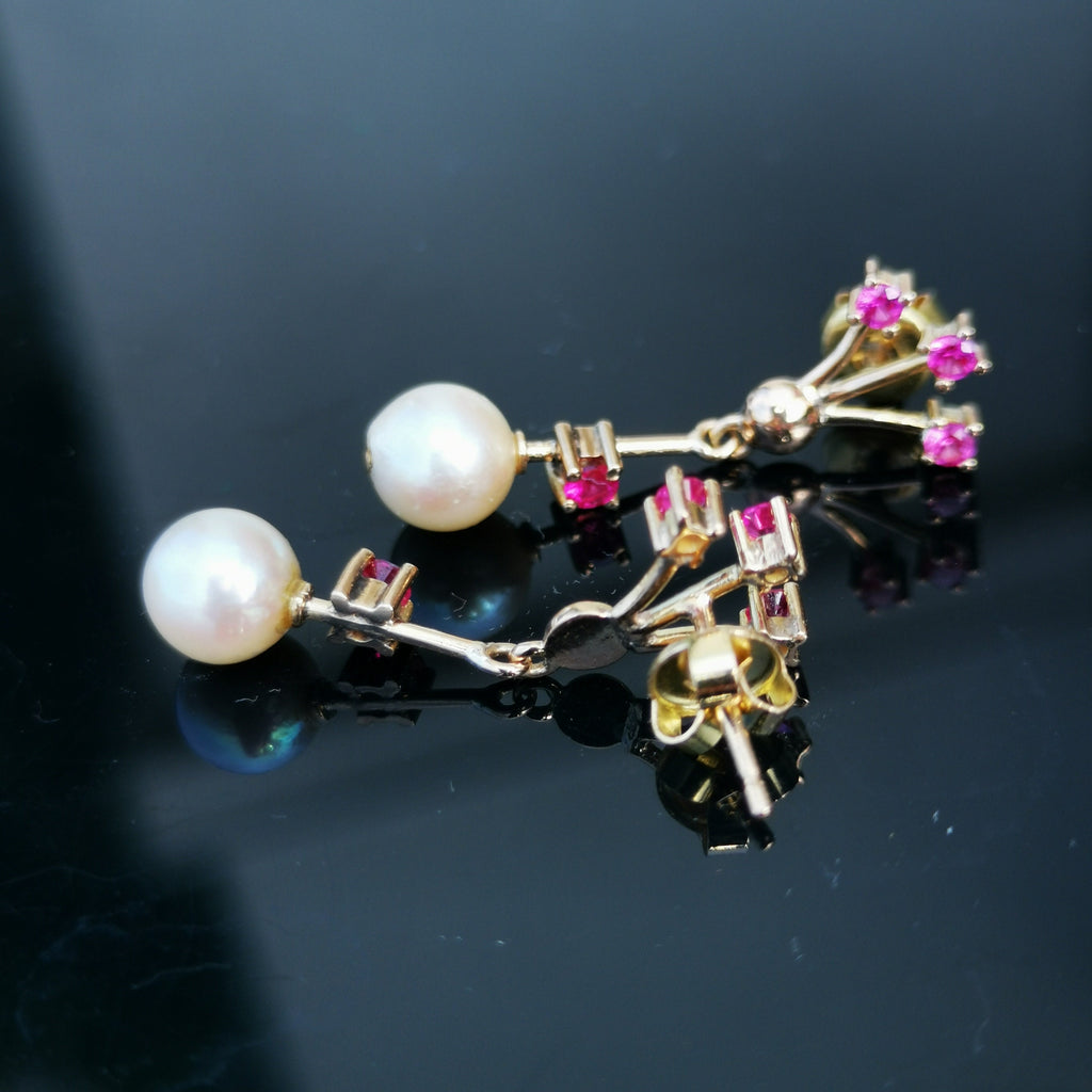 Vintage 18k Solid Yellow Gold Dangle and Drop Statement Earrings Ruby & Pearl Floral Design Gift for Her Present
