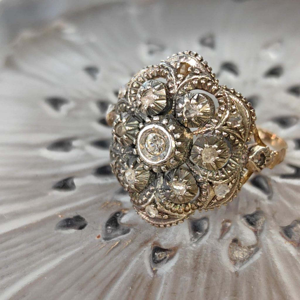Antique Art Deco 1920s natural Old European Rose Diamond Engagement Ring 18k Solid yellow Gold Silver Setting Floral Statement Ring Gift