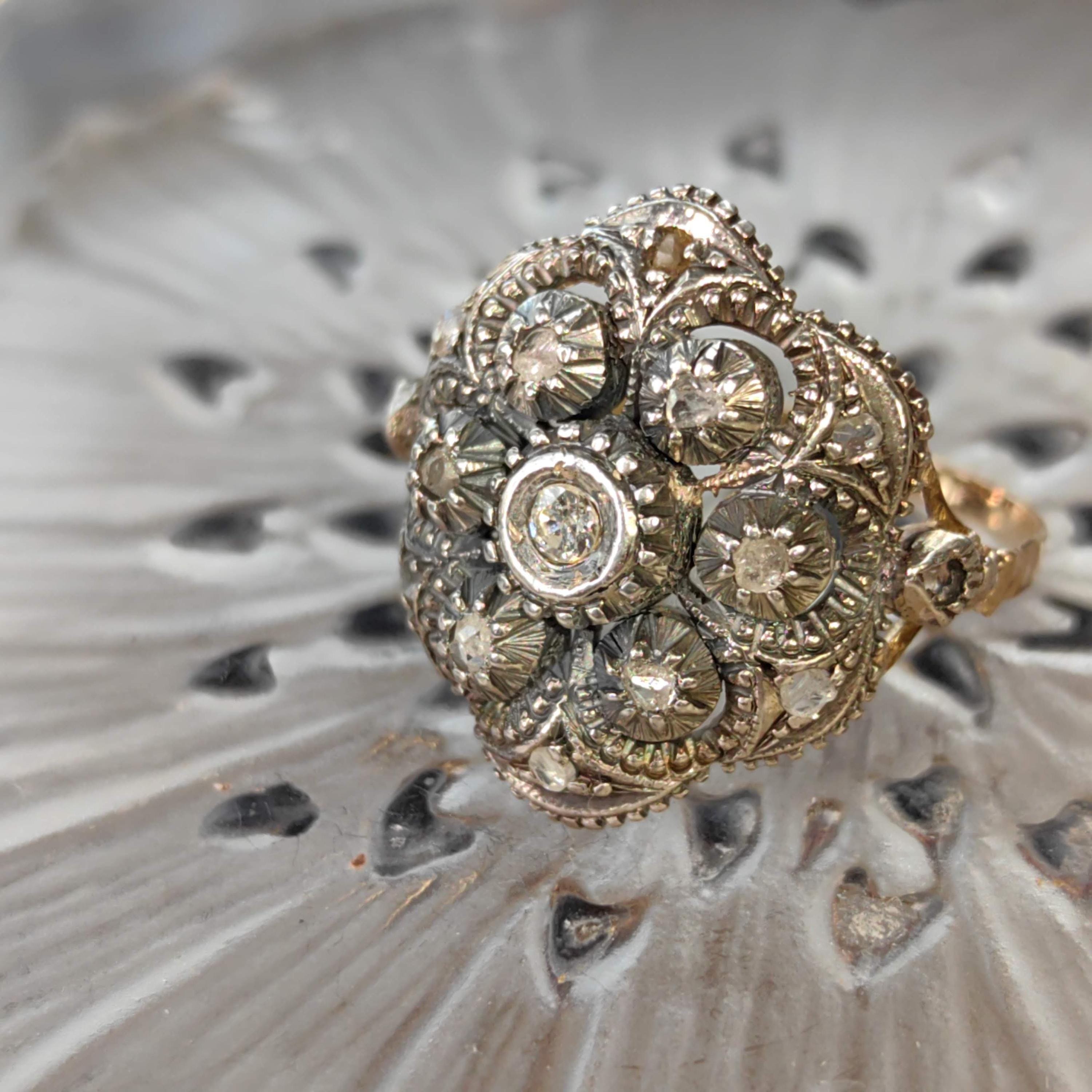 Antique Art Deco 1920s natural Old European Rose Diamond Engagement Ring 18k Solid yellow Gold Silver Setting Floral Statement Ring Gift