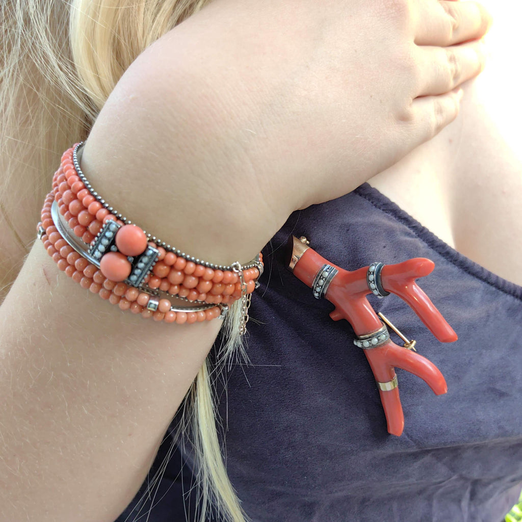 Victorian 800 Silver Coral Bangle Bracelet: Pearl Accent Statement Jewelry
