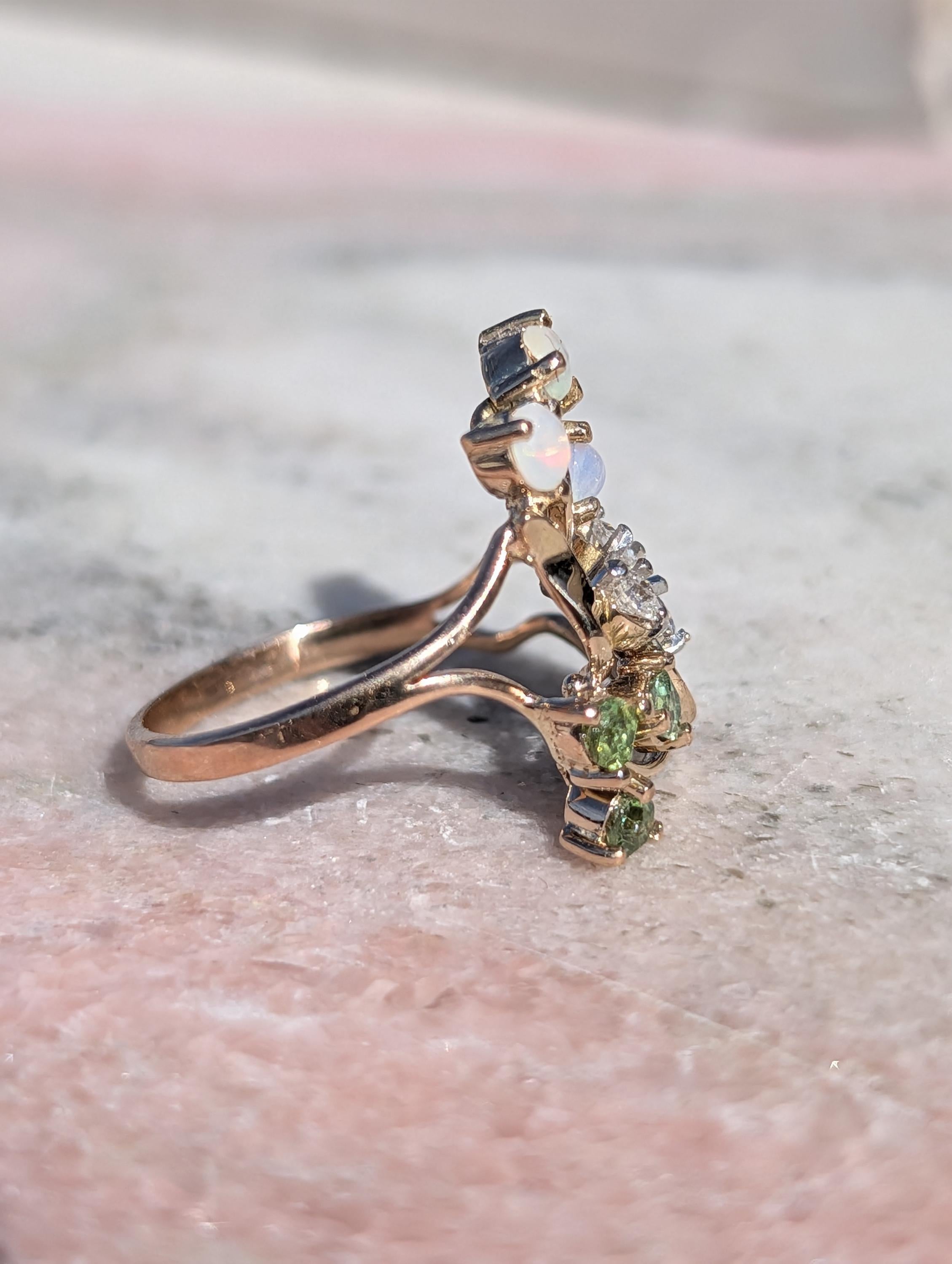 Art Nouveau 1900s Diamond Demantoid Opal Ring, 18k Yellow Gold Floral Vintage Engagement Ring, 1950s Heirloom Fine Jewelry Gift US 8.5