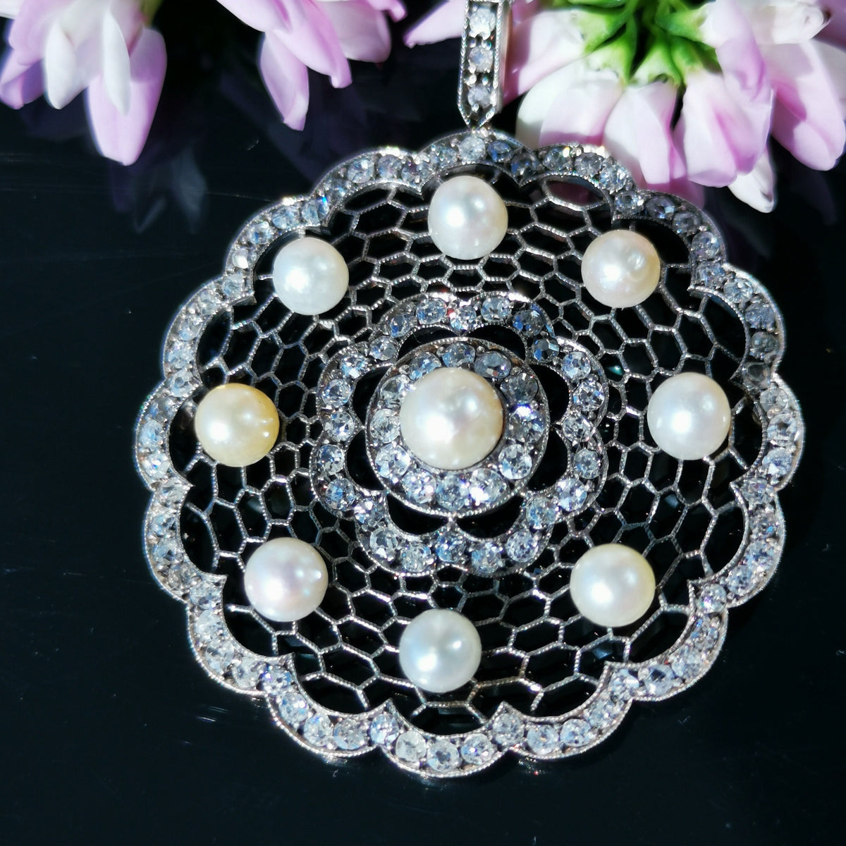 Edwardian 14K Solid Gold Natural Diamond Pearl Statement large Pendant  Antique Art Deco Filigree Handmade Gift for Her