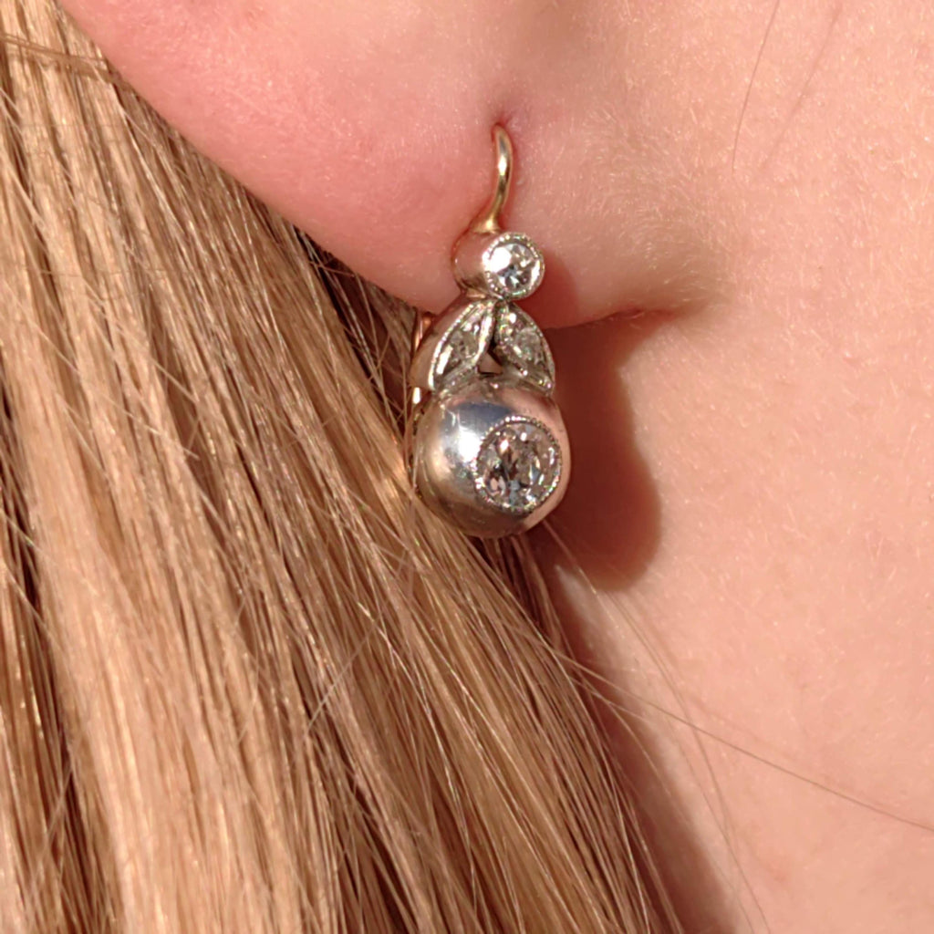 Art Nouveau 1900s Diamond "Buds" Dangle Earrings Antique 14k Yellow Rose Gold Floral Jewelry Gift Present