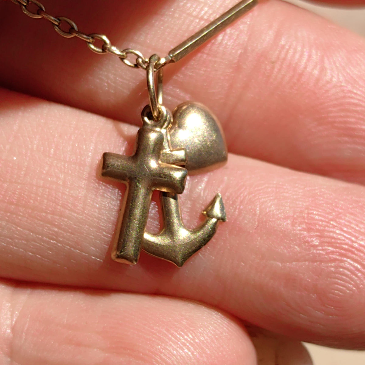 Vintage 14k Yellow Rose Champagne Gold Cross Heart Anchor Charm Pendant Art Nouveau Nautical Traveller Love Faith Christian Medal Gift