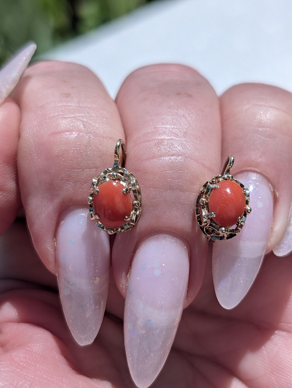 Victorian 1900s 14k Yellow Gold Coral Sleeper Earrings, Antique Oval Red Coral Lever Back Earrings, 9x15mm Art Nouveau US Duty Free HTS 9706