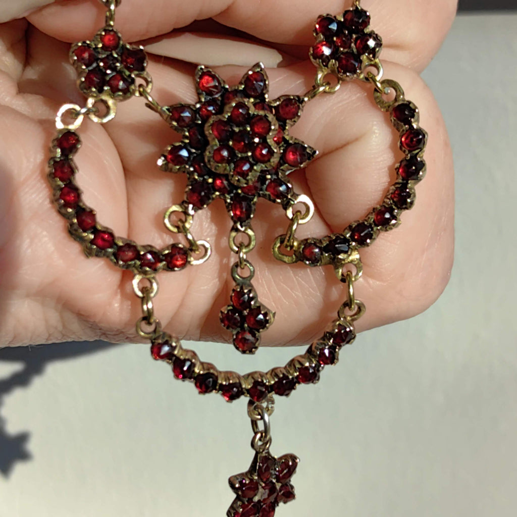 1930s Garnet Floral Necklace: Gold Plated Silver Statement Jewelry