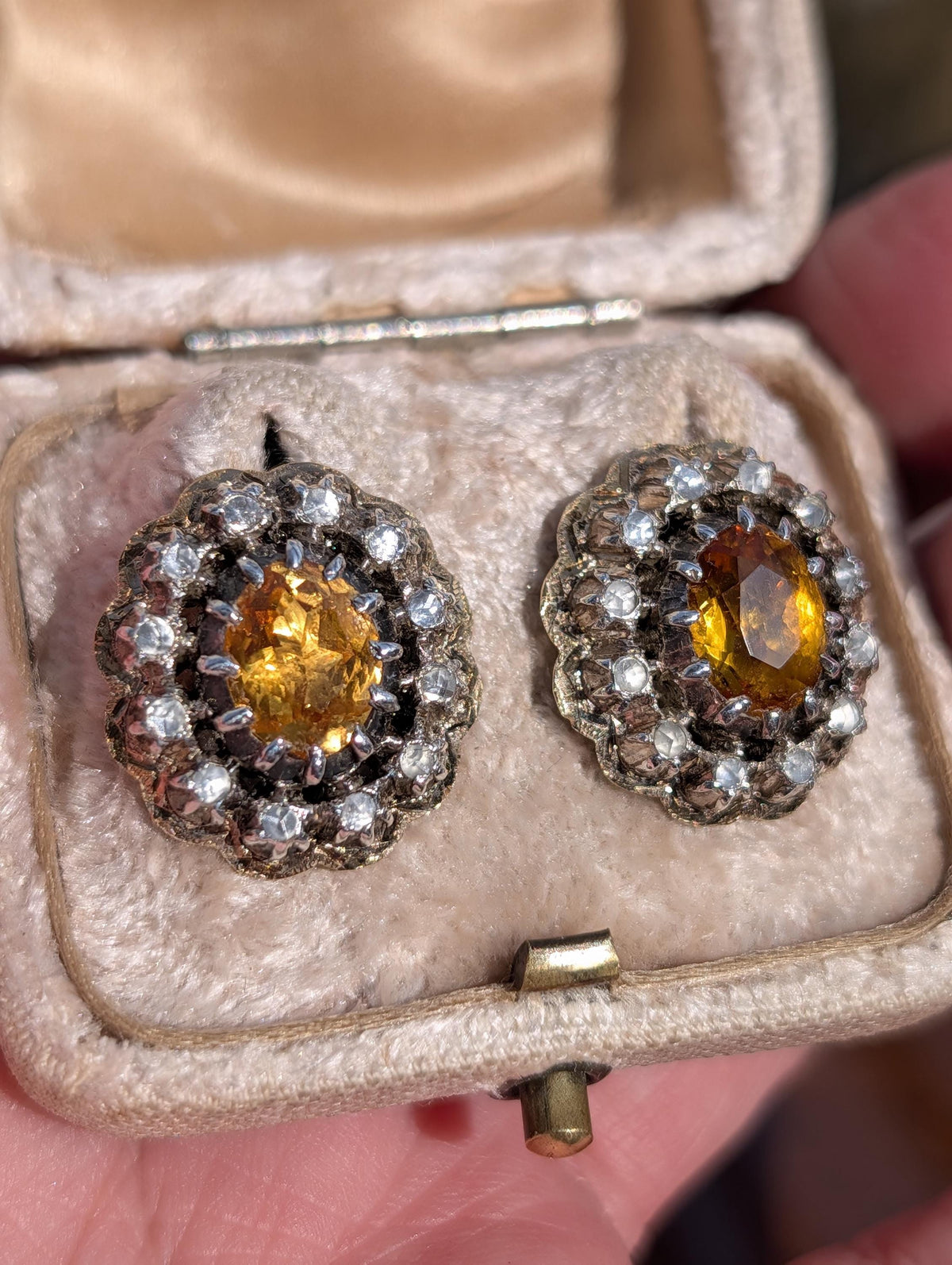 Antique Citrine Diamond Earrings 18K Gold 1940s Vintage Statement Stud Earrings Yellow Gold Floral Cluster Gift for Her