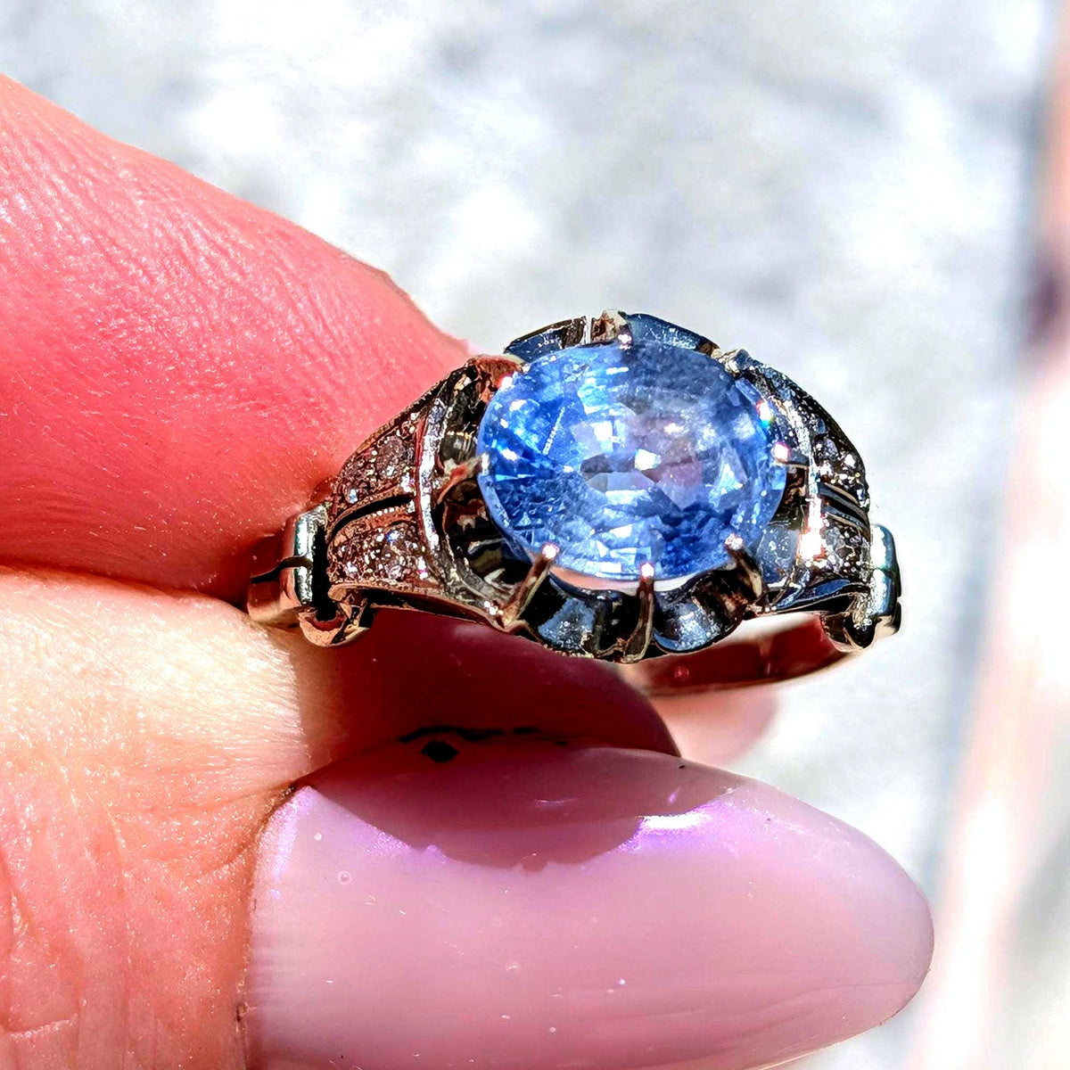 1910s Edwardian Natural Sapphire Diamond Ring 14k White Gold Cornflower Genuine Blue Sapphire Engagement Art Deco, Size 7.5 US.