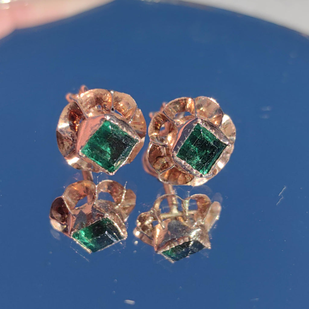 Victorian 1880s Earrings Solid 14k Yellow Gold Green Paste Floral Screw Back Closure  Antique Vintage Earrings Emerald imitation gift her