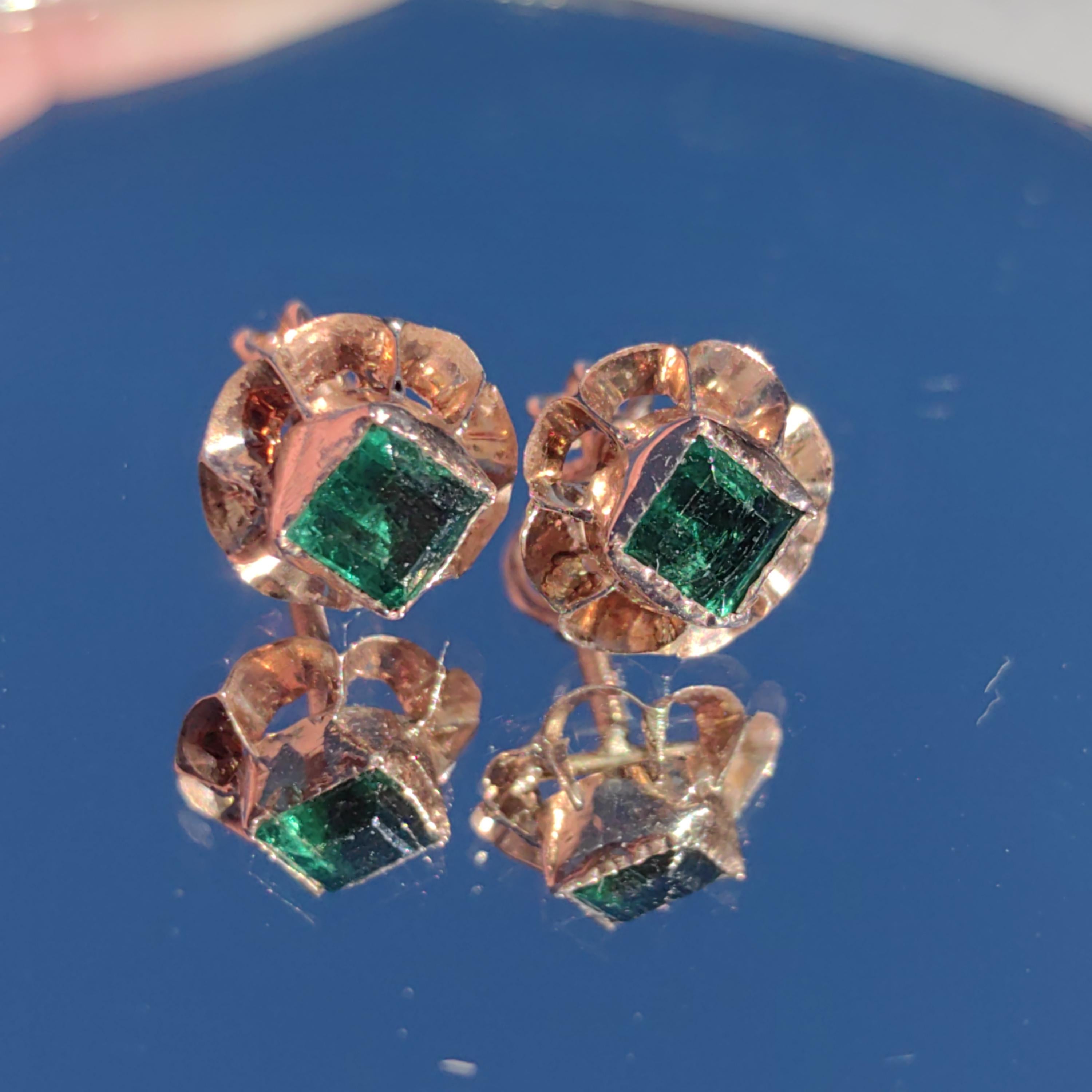 Victorian 1880s Earrings Solid 14k Yellow Gold Green Paste Floral Screw Back Closure  Antique Vintage Earrings Emerald imitation gift her