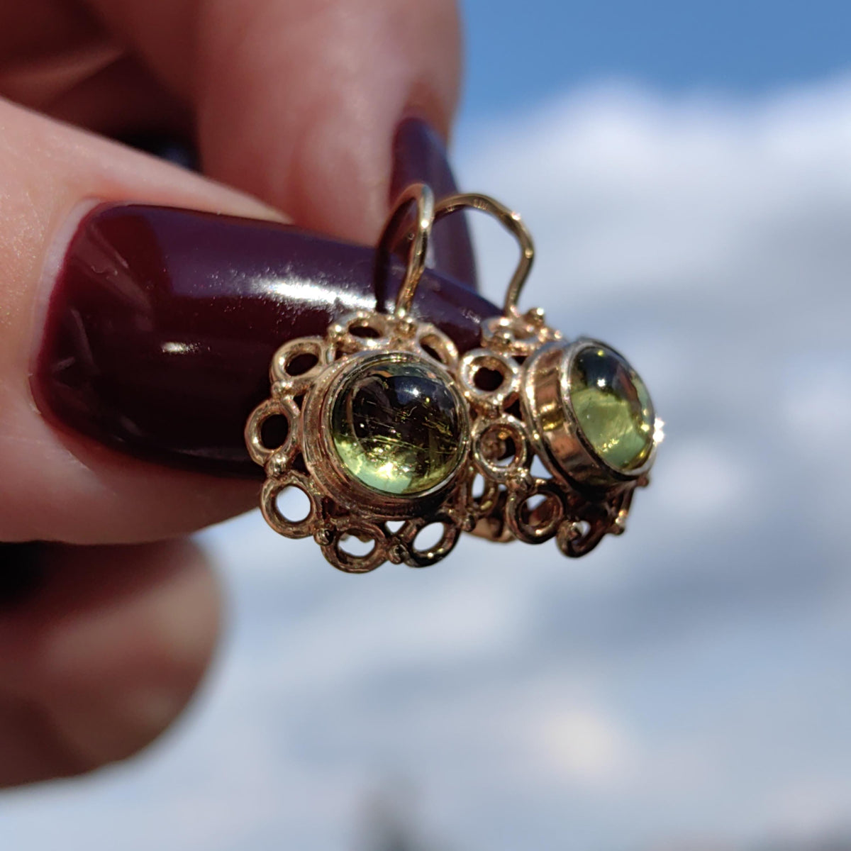 Green 14k Solid Yellow Rose Gold Green Yellow Tourmaline Antique Vintage Floral Flower Elegant Dainty Earrings Vintage 1940s Dormouse Gift