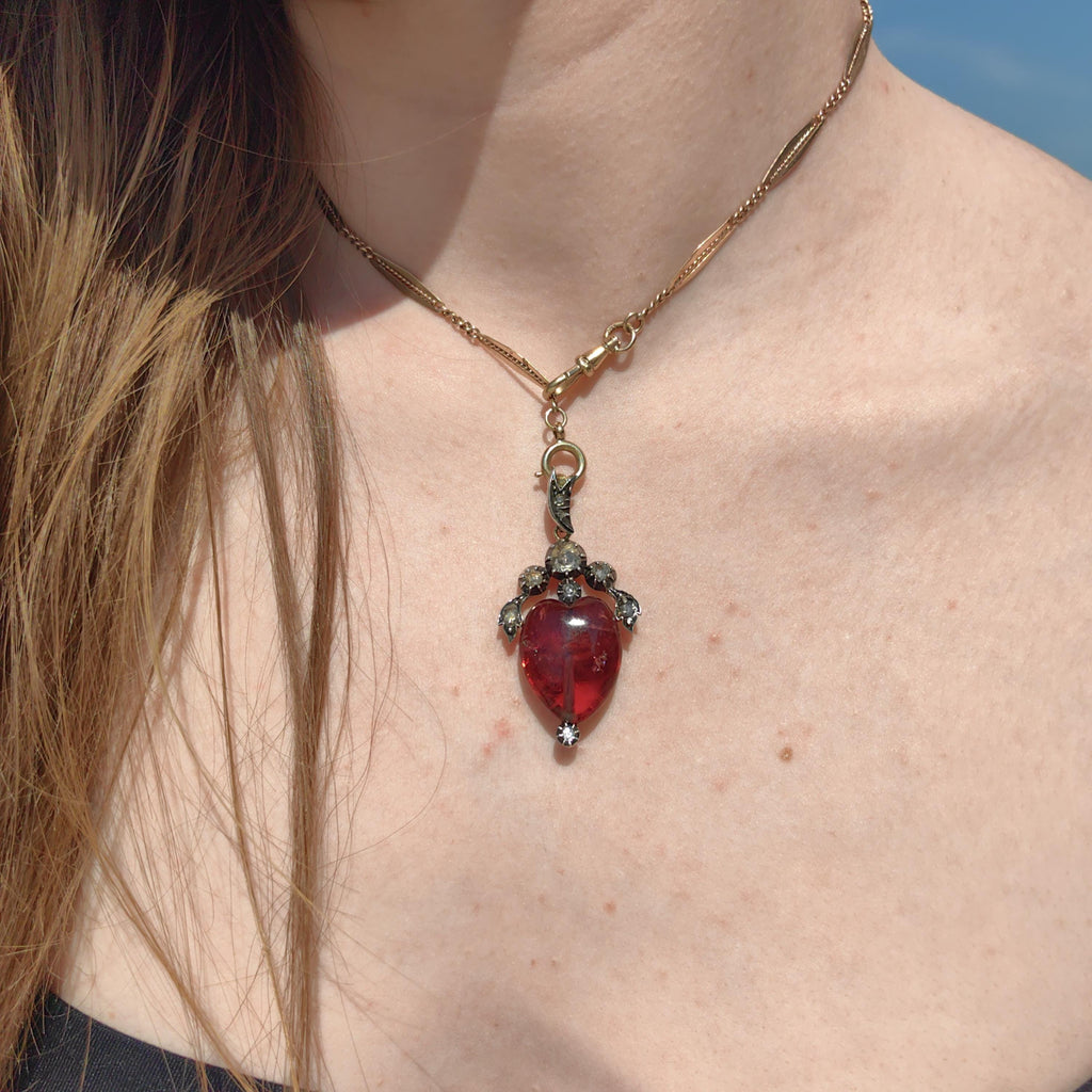 Victorian Red Rubellite Tourmaline Rose Diamond Heart Gothic Pendant 14k Solid Gold Silver Setting Charm Gift Present
