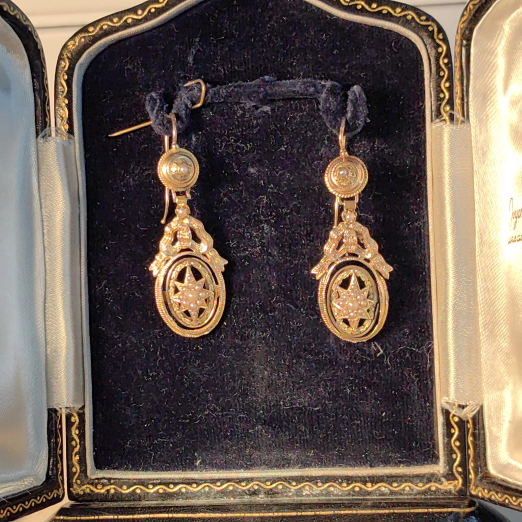 18k Yellow Gold Pearl Dangle Earrings: Antique Bow Star Design