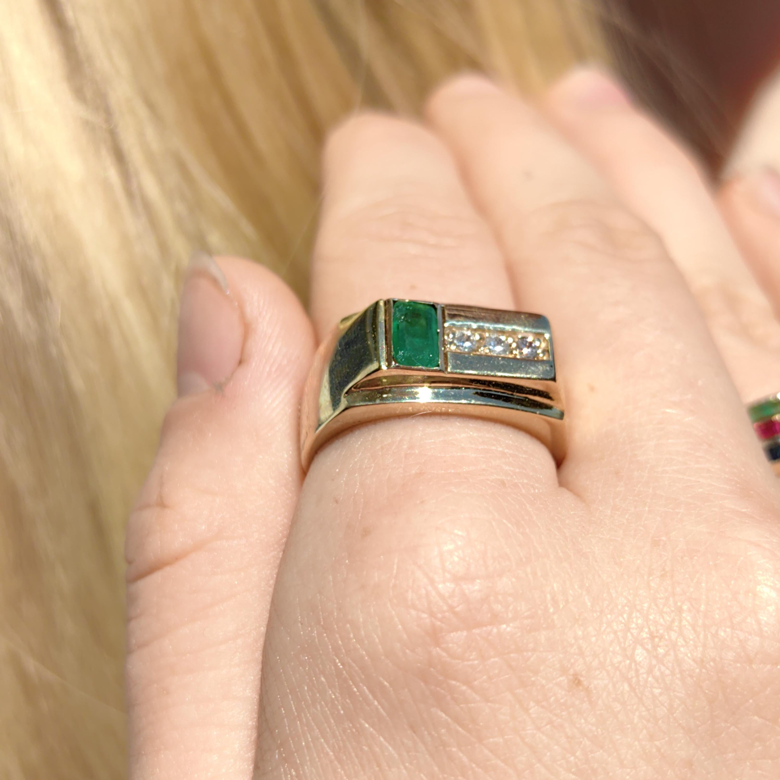 14k Yellow Gold Emerald & Diamond Ring: 1980s Geometric Statement