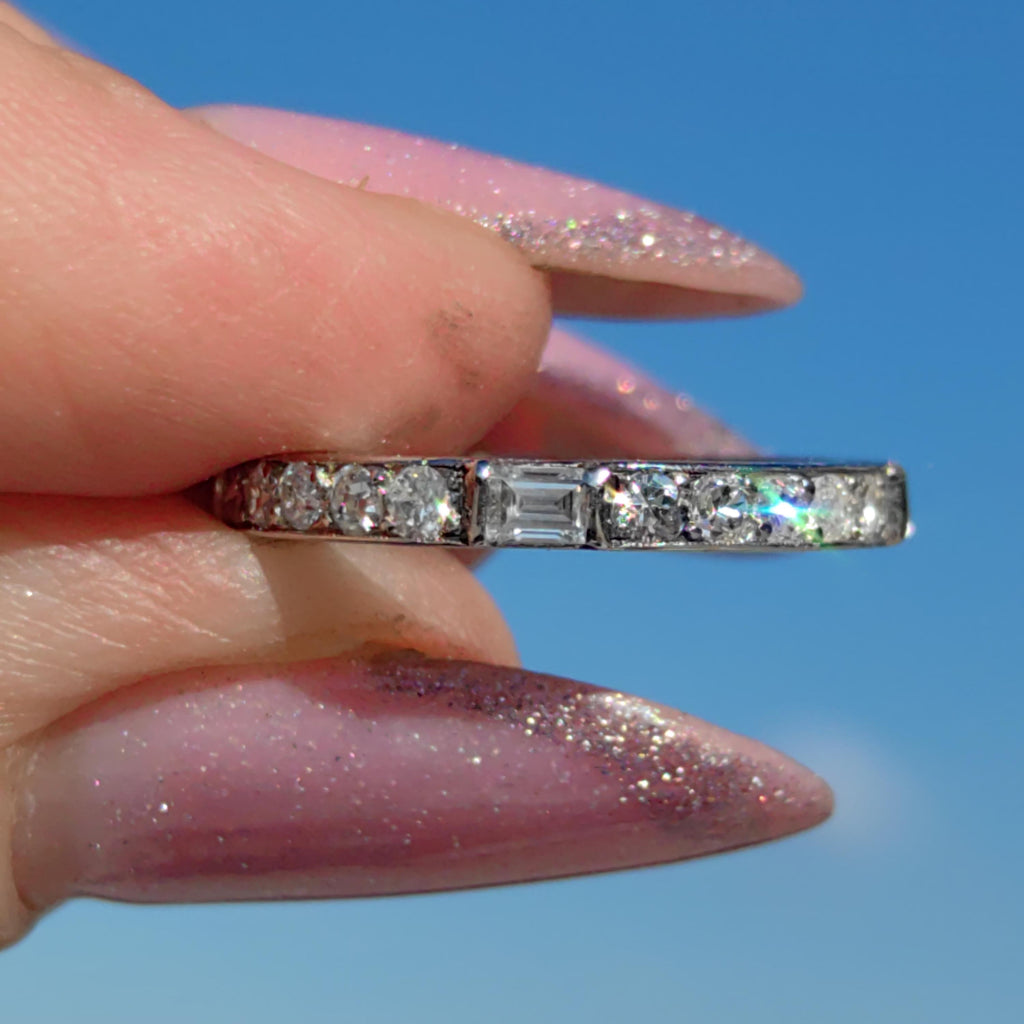 Art Deco Diamond Eternity Ring: 14K Gold Wedding Band, 1930s Floral Design
