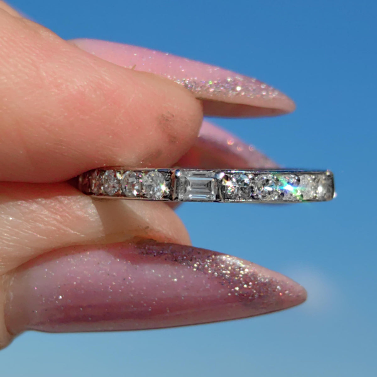 Art Deco Diamond Eternity Ring: 14K Gold Wedding Band, 1930s Floral Design