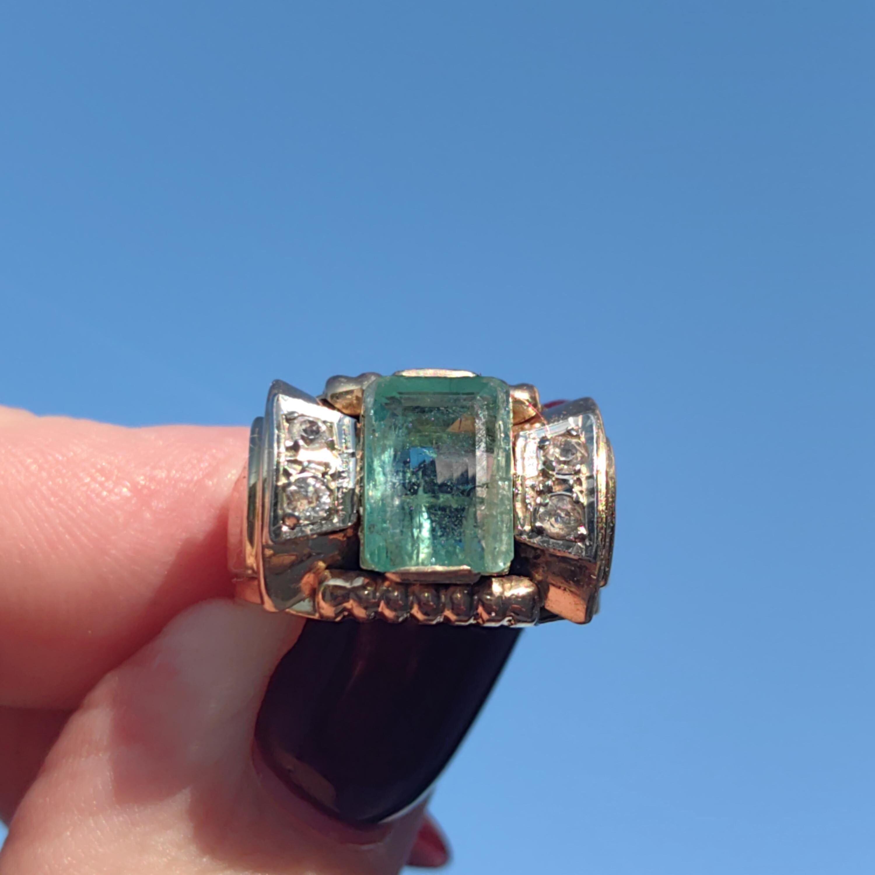 Art Deco 1930s Ring Antique  Genuine 2ct Emerald Diamond solid 18k Gold Vintage Statement Band Chevalier Unisex Estate 6,1gr 6.3/4 resize fr
