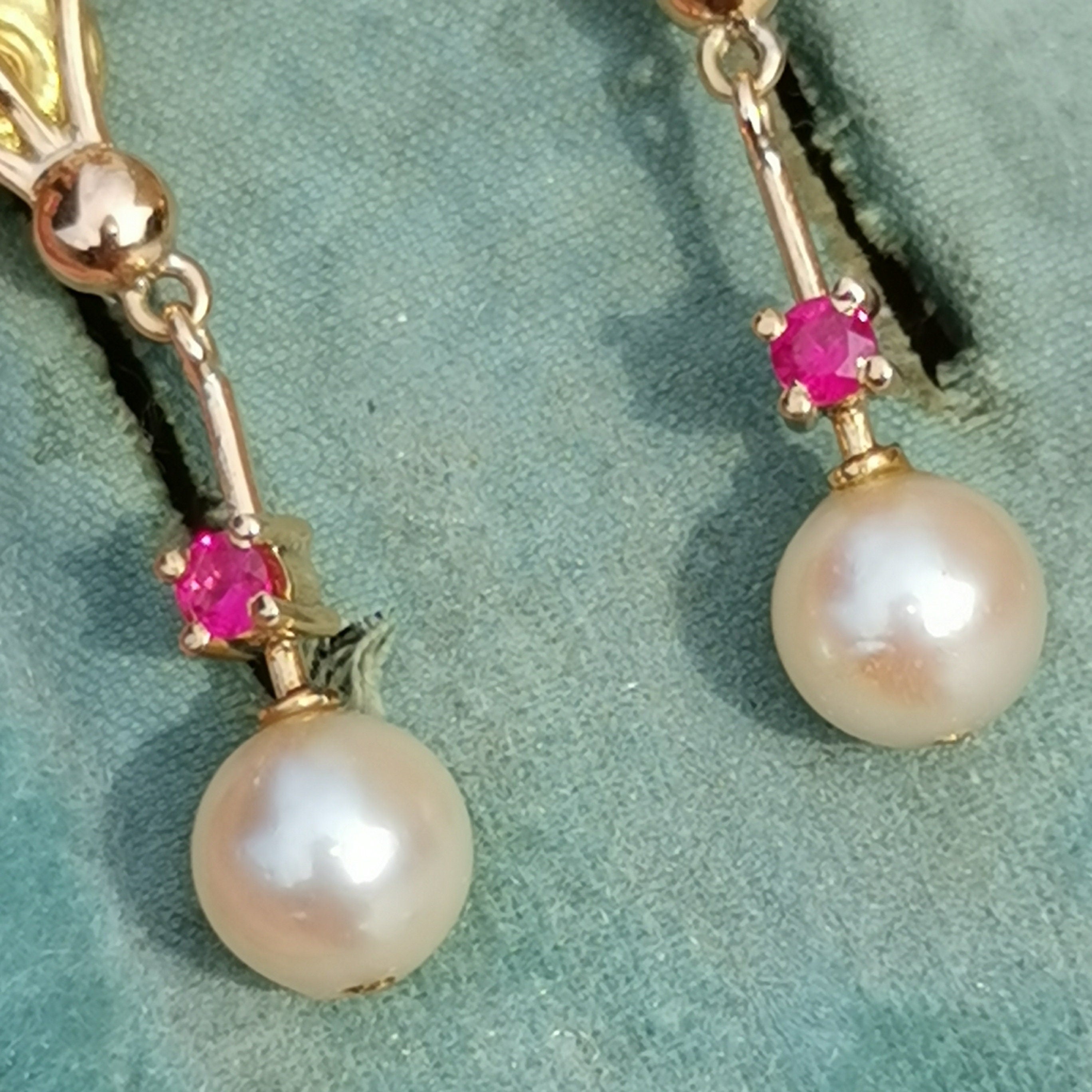 Vintage 18k Solid Yellow Gold Dangle and Drop Statement Earrings Ruby & Pearl Floral Design Gift for Her Present