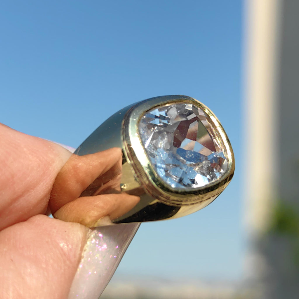 1940s Aquamarine 14k Yellow Gold Ring: Geometric Unisex Statement
