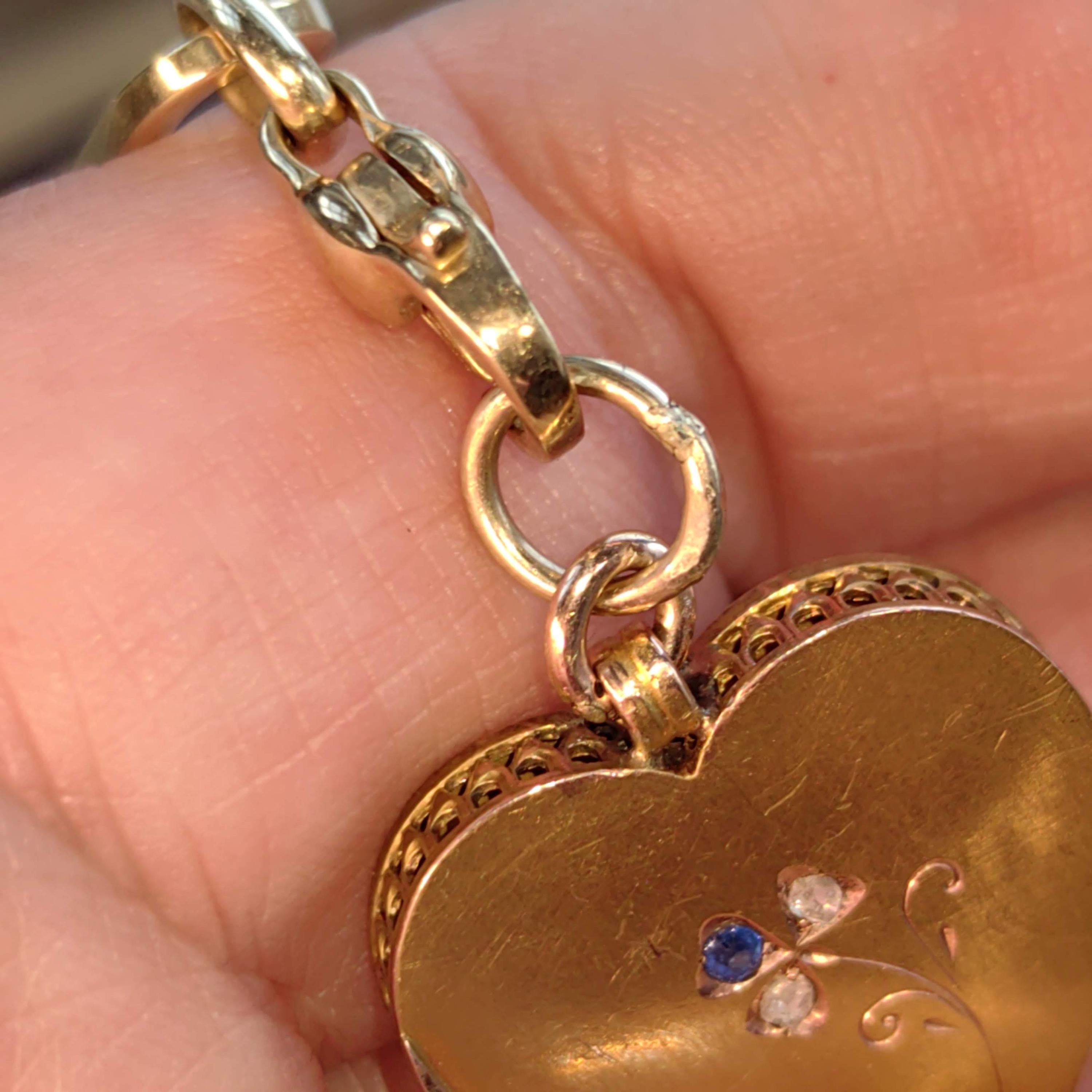 Victorian 14k Gold Heart Pendant: Diamond Sapphire Floral Necklace, 1880s Antique Charm