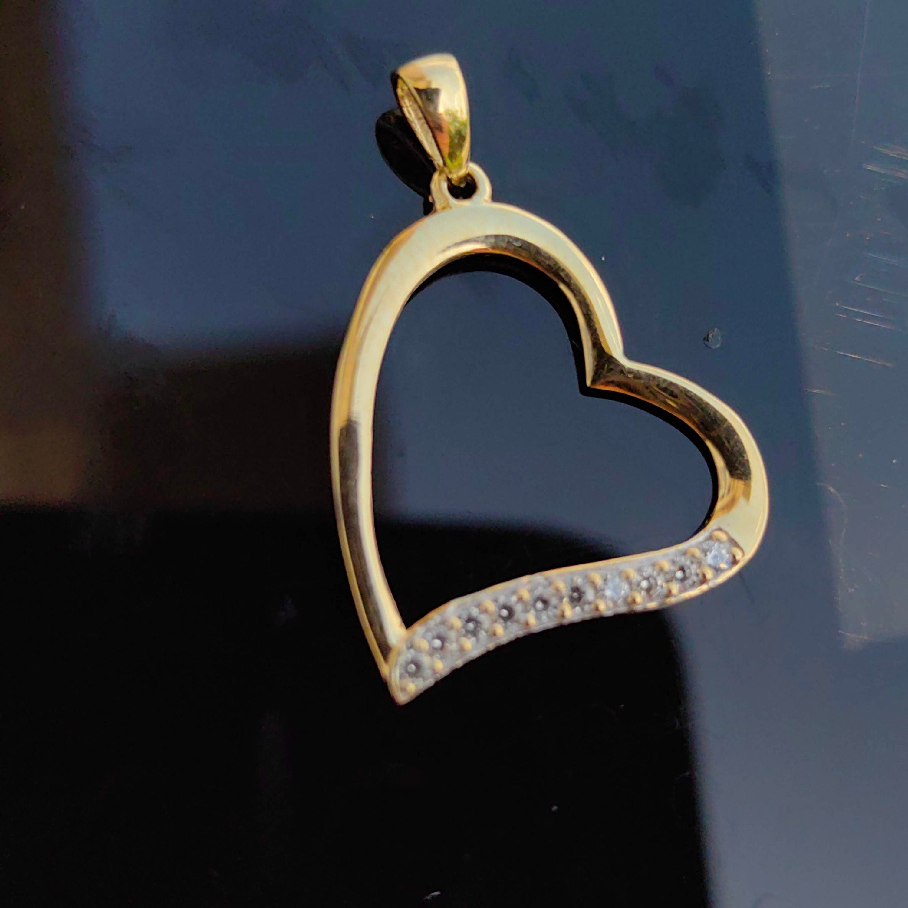 Vintage 9k Solid Yellow Gold Heart Shaped Necklace Pendant Bracelet Charm Encrusted with Cubic Zirconia Love Gift Valentines Day Present