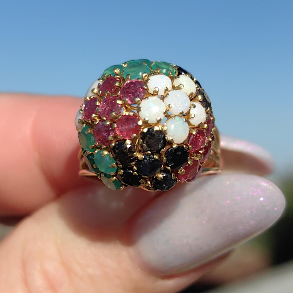 14k Gold Multi-Stone Bombe Ring: Emerald, Ruby, Opal, Sapphire Floral Design