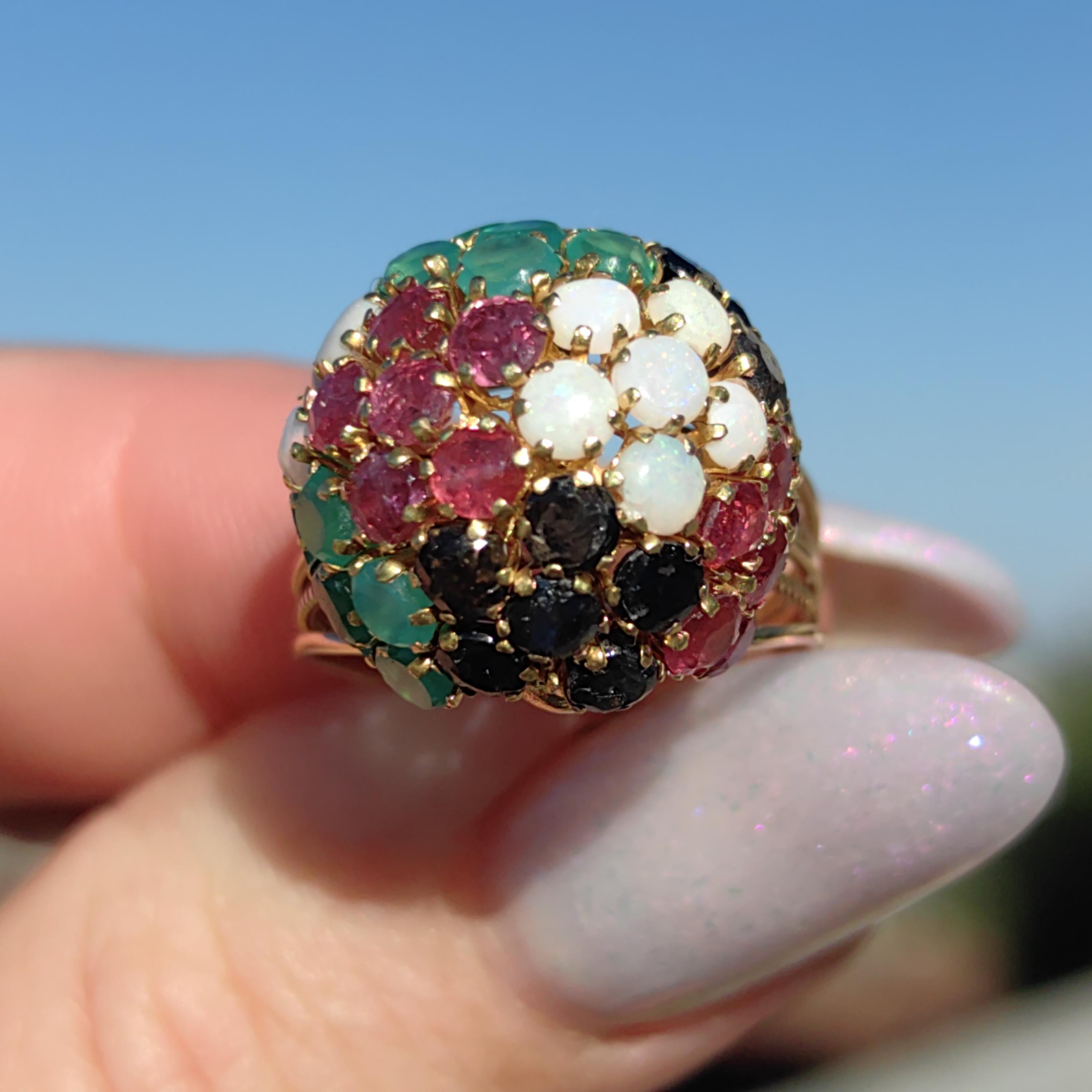 14k Gold Multi-Stone Bombe Ring: Emerald, Ruby, Opal, Sapphire Floral Design