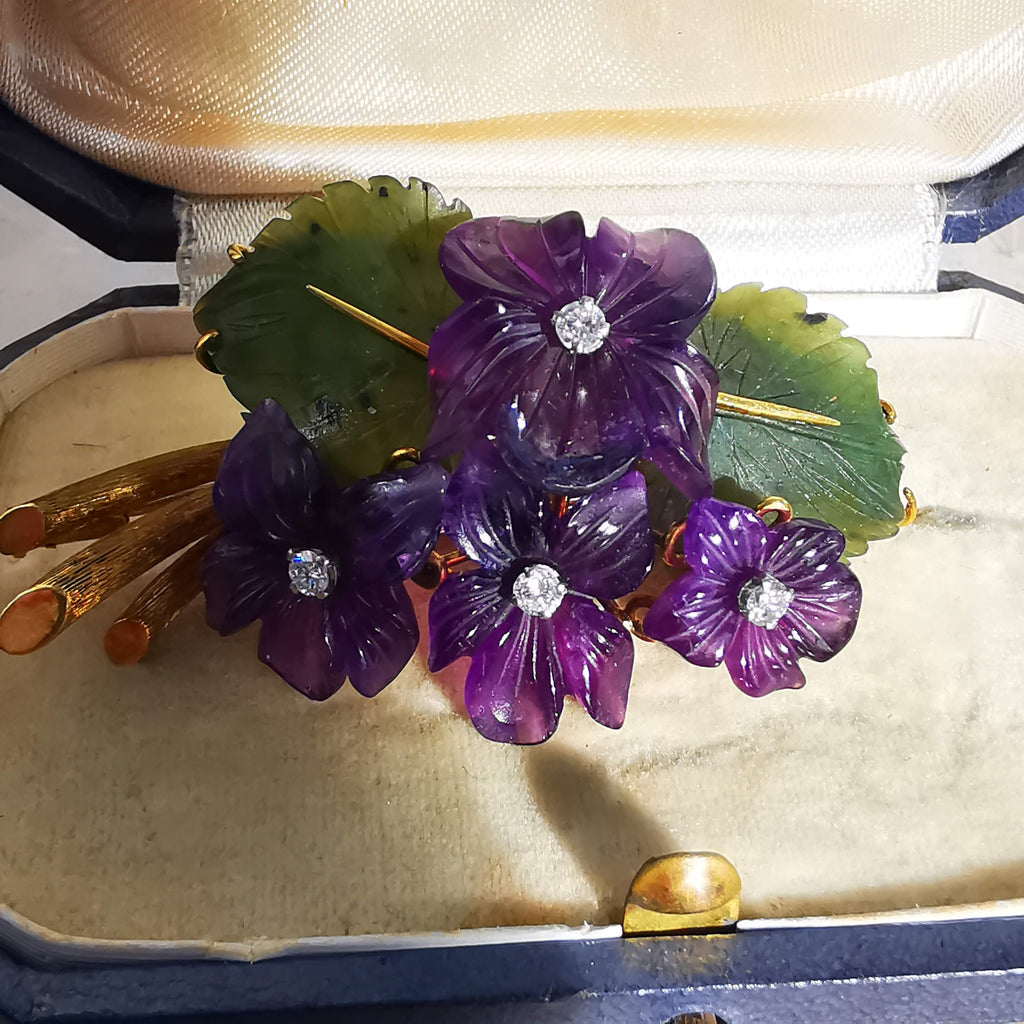 Art Nouveau 1900s Hand Carved Natural Purple Amethyst Jade Diamond 18k Solid Yellow Gold Brooch Antique Floral Violet Pin Gift for her