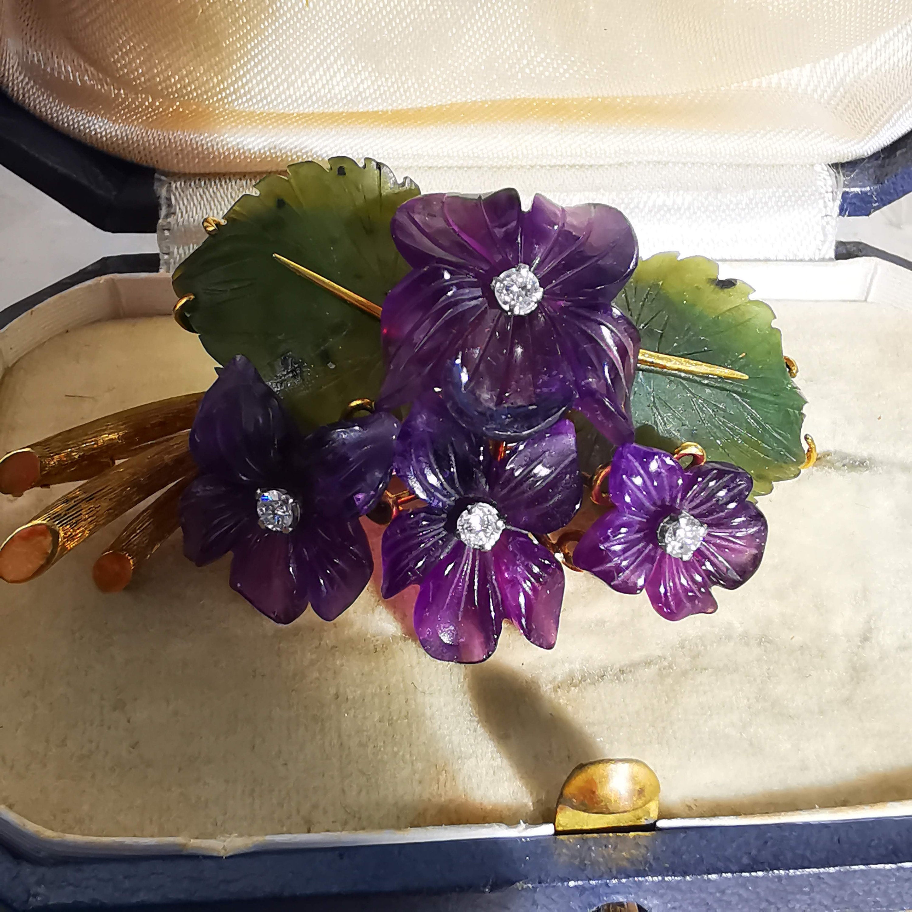 Art Nouveau 1900s Hand Carved Natural Purple Amethyst Jade Diamond 18k Solid Yellow Gold Brooch Antique Floral Violet Pin Gift for her
