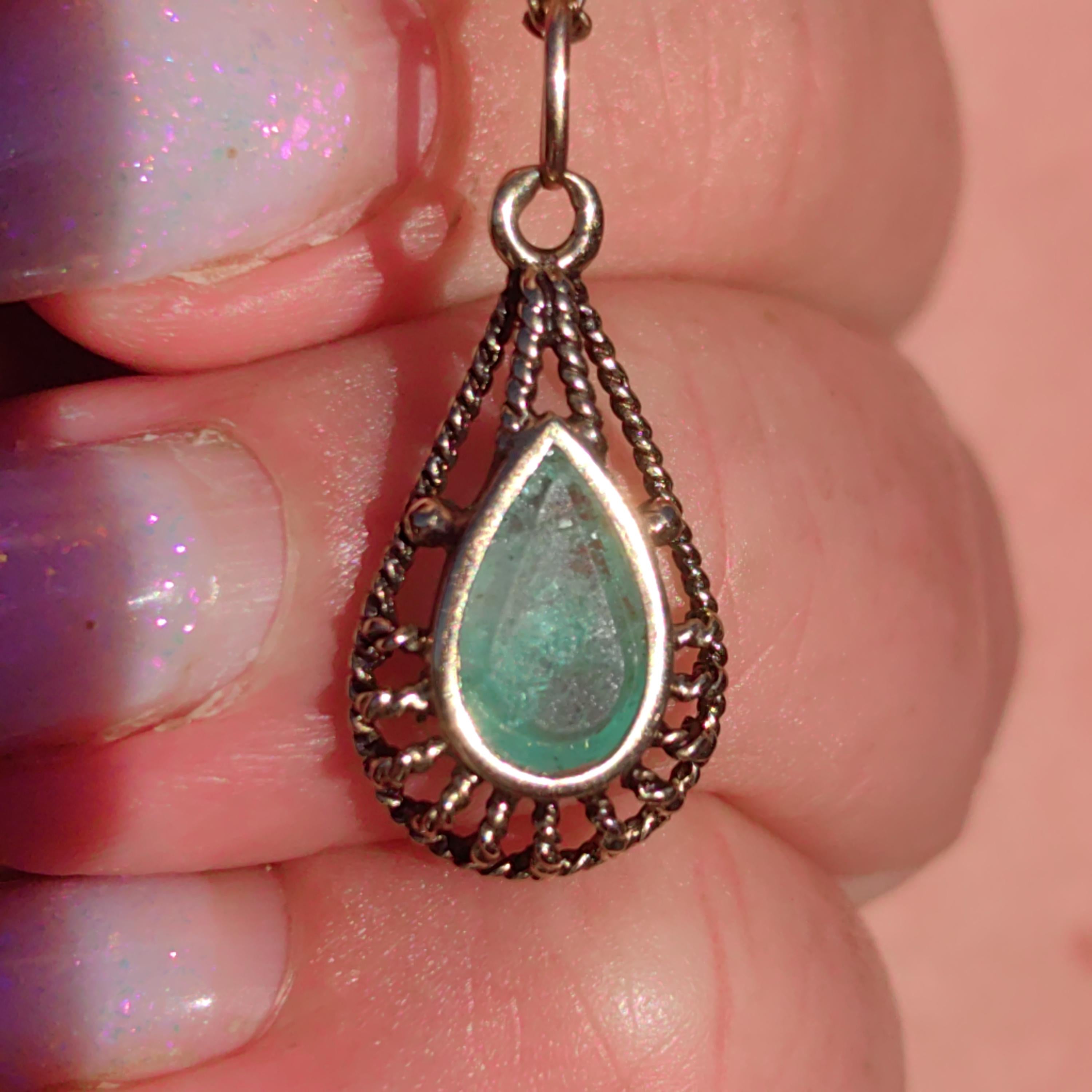 Art Deco Emerald Pendant: 14k Yellow Gold Filigree, Hand-Chiseled Floral Charm