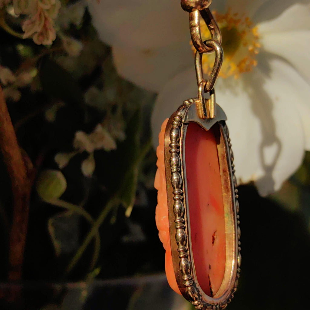 Victorian Coral Cameo Pendant: Hand Carved Gemma, 14k Gold