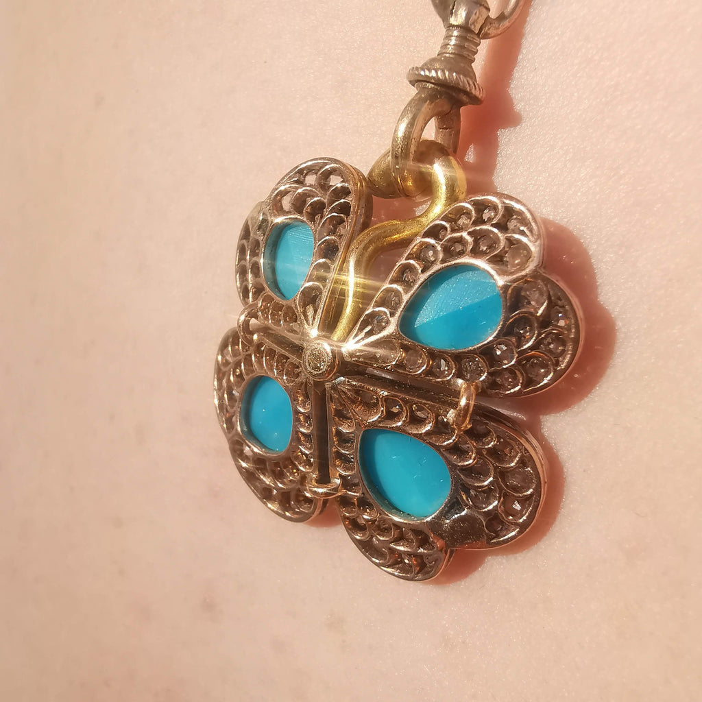 Art Nouveau 18K Gold Turquoise Diamond Pendant Necklace, Antique 1900s Four Leaf Floral Charm, Old European Cut Jewelry
