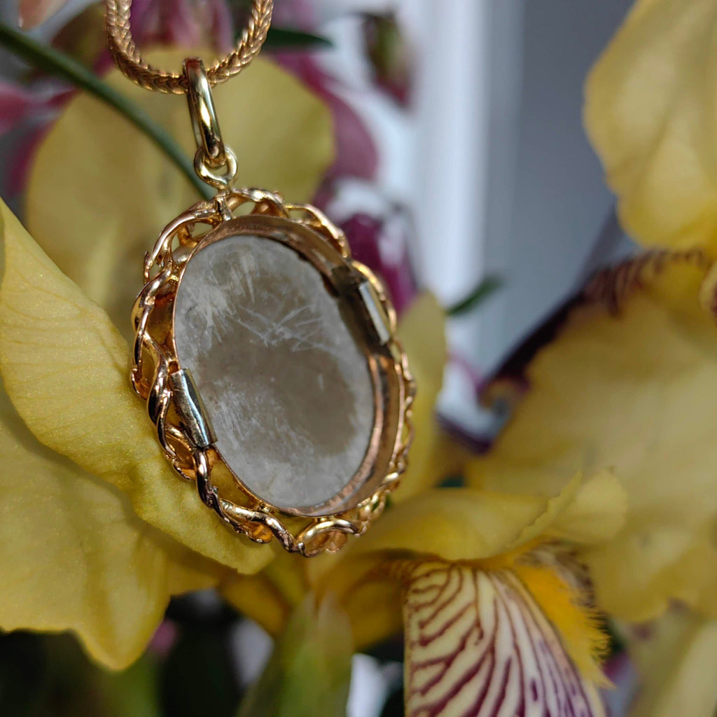 Victorian Hand Carved Lava Cameo Pendant - 14K Gold Framed