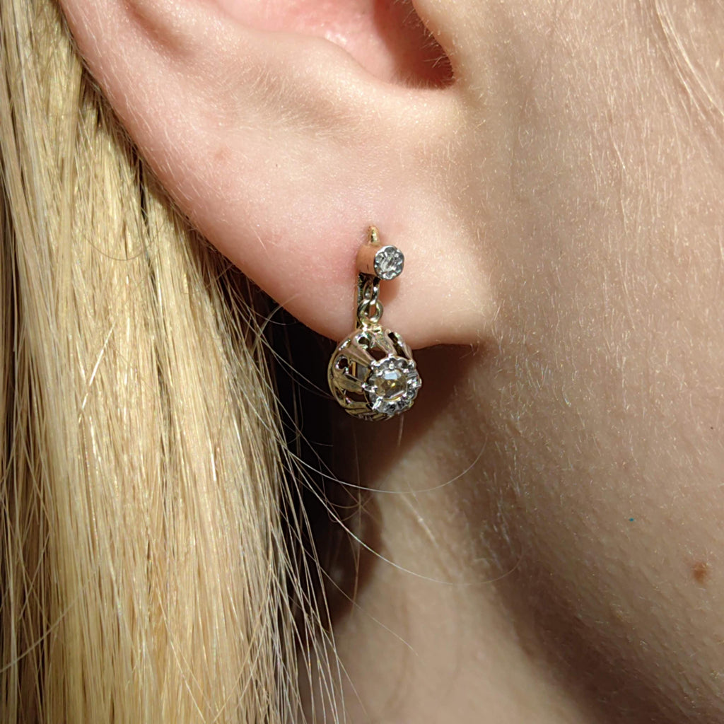 1940s Art Deco Diamond 18k Gold Earrings: Lever Back Dormeuse