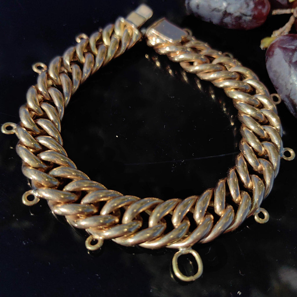 14k Solid Yellow Gold Hallmarked Cuban Curb Link Bracelet Handmade Charm Holder, 20cm Long Bracelet Gift Present