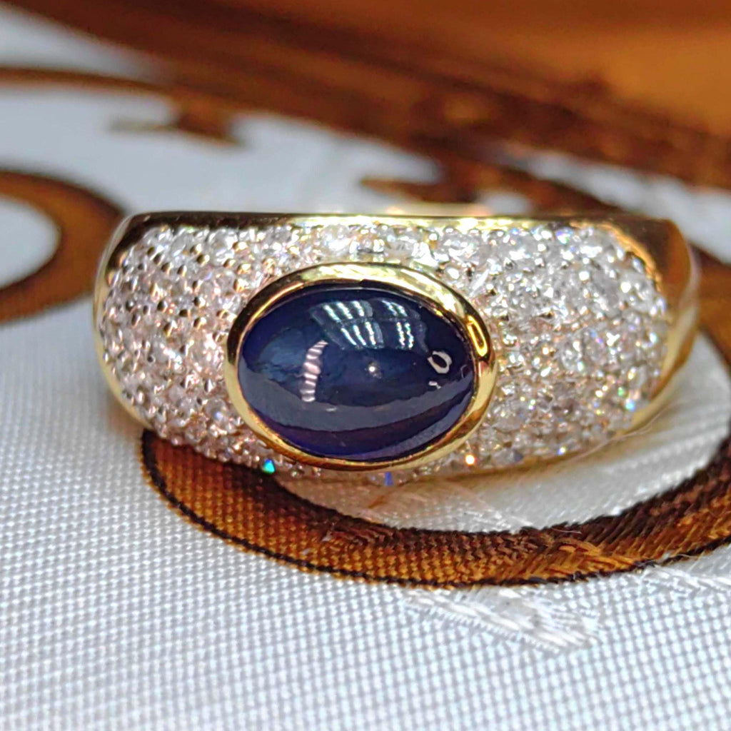 18k Gold Cabochon Sapphire & Diamond Ring - Unisex Statement