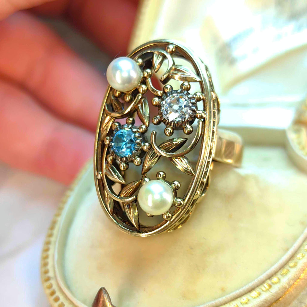 Antique 14k Solid Yellow Rose Gold Art Nouveau 1900s Elegant Ring Diamond, Pearl & Blue Zirconia Floral Handmade Statement Ring