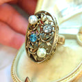 Antique 14k Solid Yellow Rose Gold Art Nouveau 1900s Elegant Ring Diamond, Pearl & Blue Zirconia Floral Handmade Statement Ring