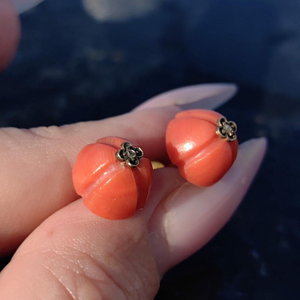 Victorian Coral Stud Earrings: Rose Diamond 18k Gold, Antique 1880s