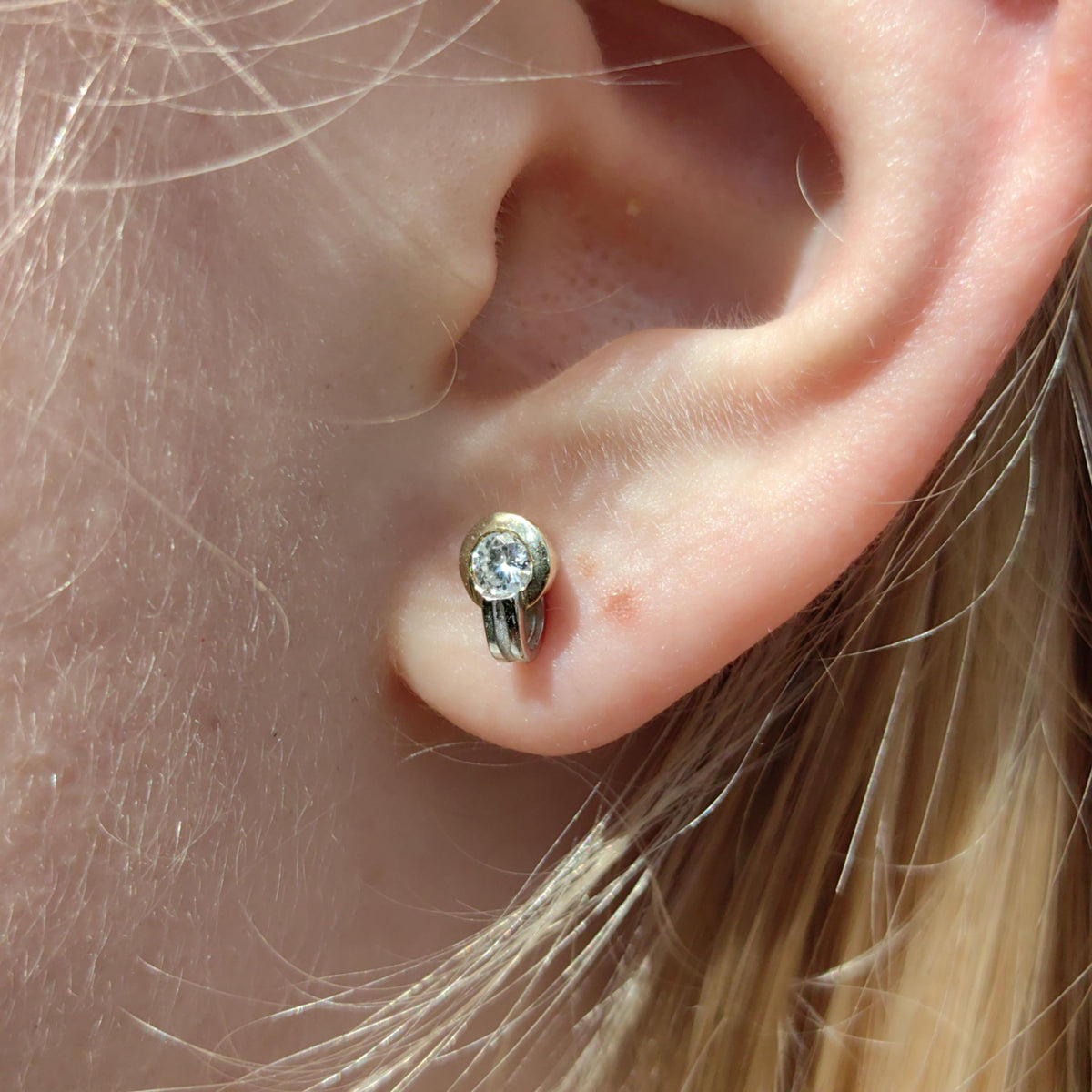 Diamond Stud Earrings: 14k Yellow & White Gold, Vintage Geometric Design