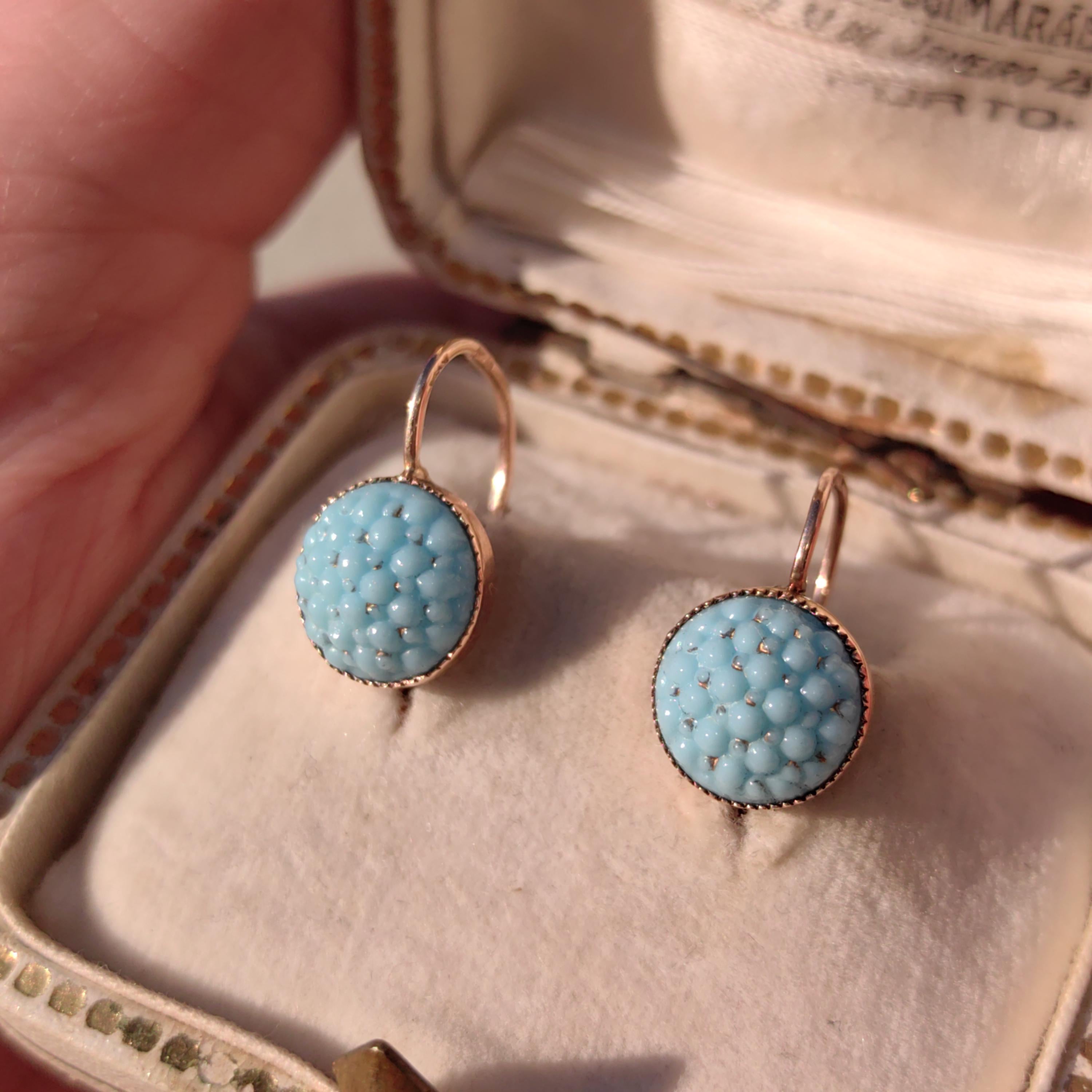 Antique 14k Yellow Rose Champagne Gold Turquoise Porcelain Dormouse Earrings Art Nouveau Floral Design Dangle Earrings