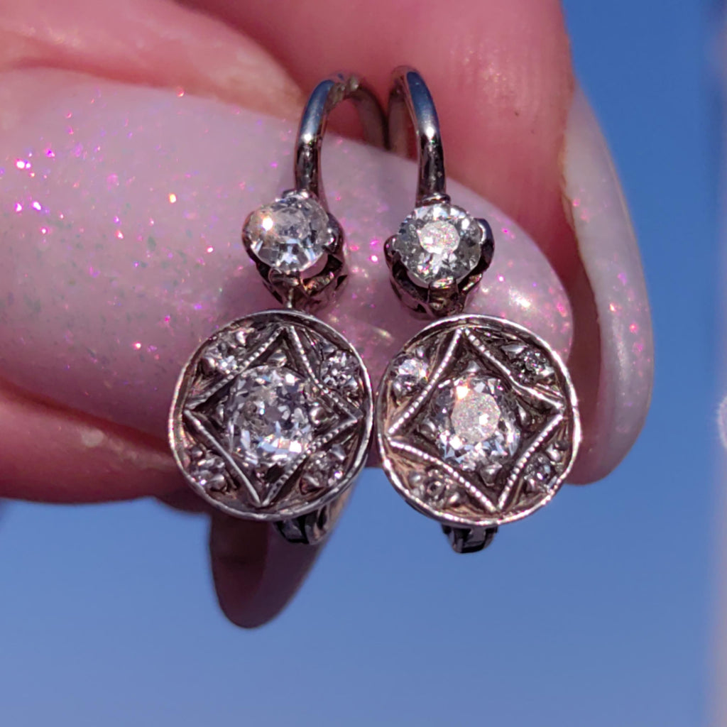1920s Diamond Sleeper Earrings: Antique 14k White Gold Wedding Jewelry