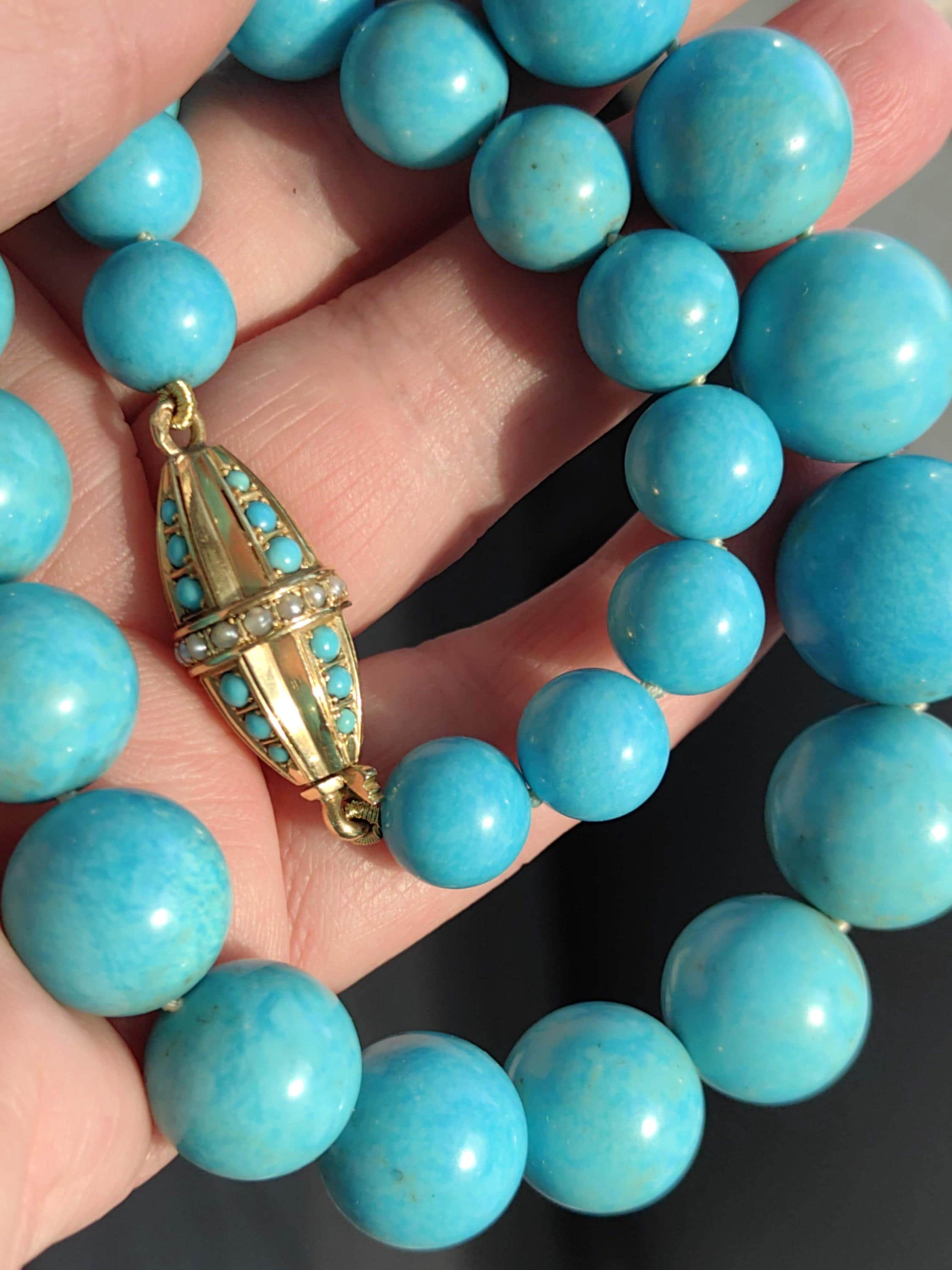 Art Deco 1920s Solid 18k Yellow Gold Natural Turquoise Large Statement Necklace Antique Elegant Gift for Her Present