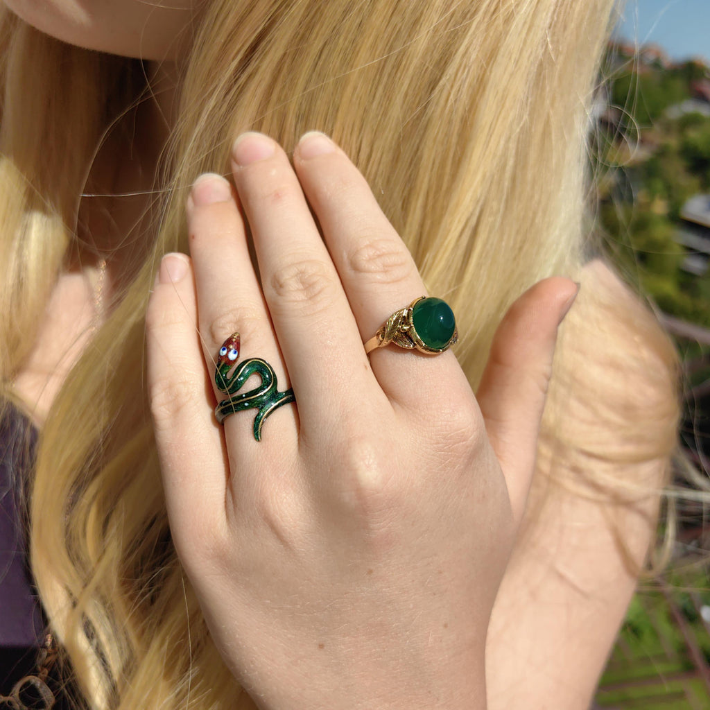 Solid 14k Yellow Gold Green Fire Enamel Snake Shape Gold Band Ring Gift for Her Animal Exotic Reptile Retro Vintage Ring