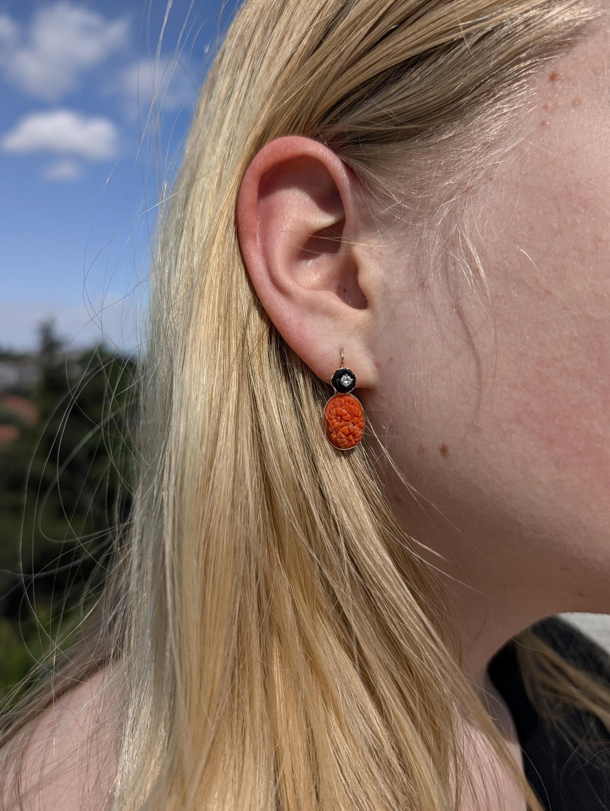 1940s Unique Art Deco Coral Dangle Earrings Hand Carved Floral Diamond Onyx 14k Gold Vintage Estate Statement Drop Earrings Rare