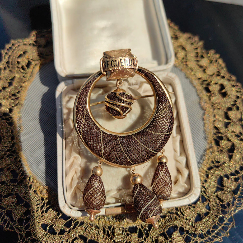 Victorian 18K Solid Yellow  Gold  Hair Mourning Antique Pendant Brooch 1860s Biedermeier Recuerdo Memories Historic Jewelry