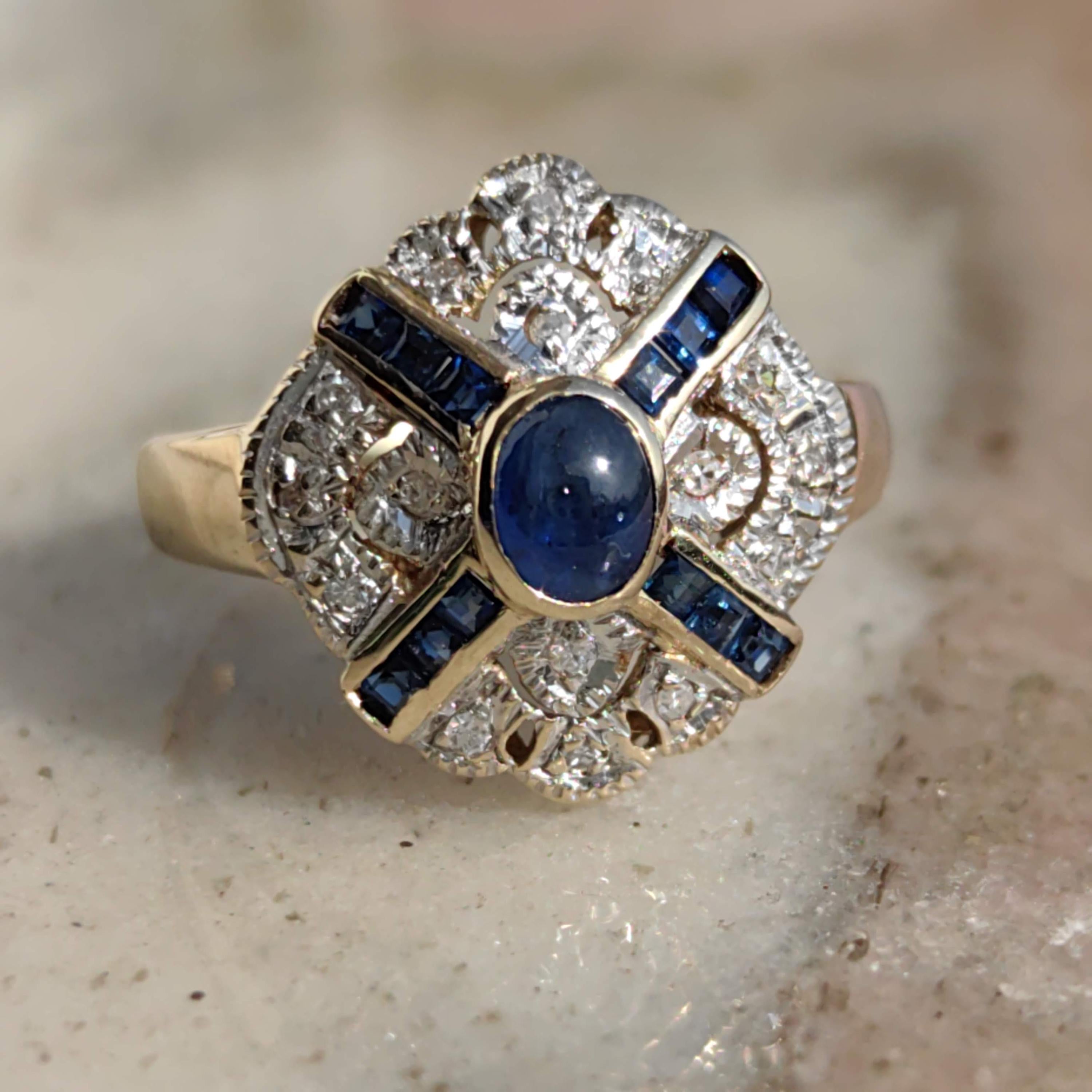 Vintage Art Deco 14k Gold Sapphire Diamond Ring - Size 6.5